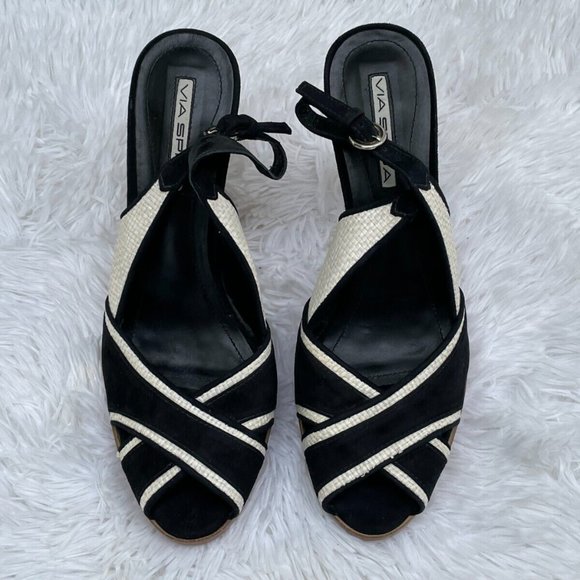 Via Spiga Women Heel Shoes Sandal Black/White Faux Suede Upper Brazil Size 9.5 - Picture 4 of 12
